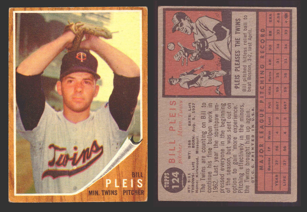 1962 Topps Baseball Trading Card You Pick Singles #100-#199 VG/EX #	124 Bill Pleis - Minnesota Twins  - TvMovieCards.com
