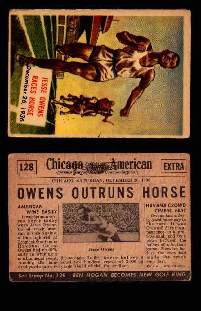 1954 Scoop Newspaper Series 2 Topps Vintage Trading Cards U Pick Singles #78-156 128   Jesse Owens Races Horse  - TvMovieCards.com