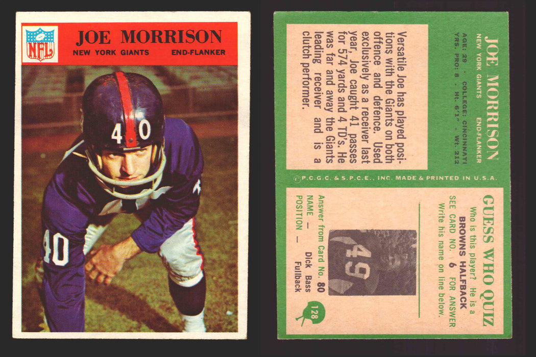 1966 Philadelphia Football NFL Trading Card You Pick Singles #100-196 VG/EX 128 Joe Morrison - New York Giants  - TvMovieCards.com