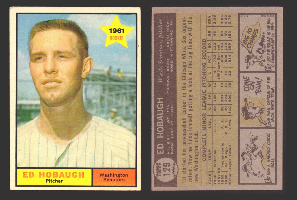 1961 Topps Baseball Trading Card You Pick Singles #100-#199 VG/EX #	129 Ed Hobaugh - Washington Senators  - TvMovieCards.com