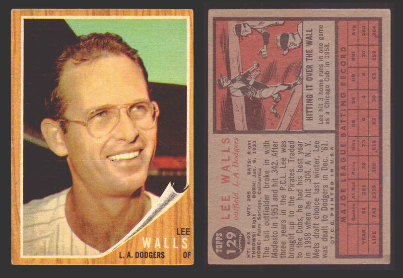 1962 Topps Baseball Trading Card You Pick Singles #100-#199 VG/EX #	129 Lee Walls - Los Angeles Dodgers  - TvMovieCards.com
