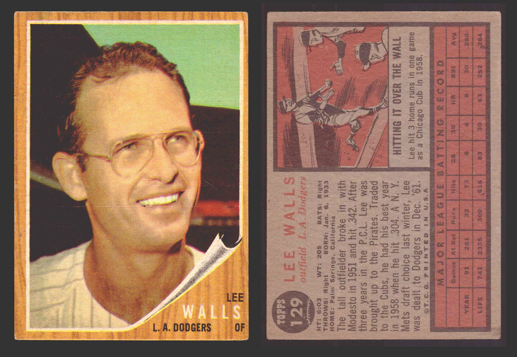 1962 Topps Baseball Trading Card You Pick Singles #100-#199 VG/EX #	129 Lee Walls - Los Angeles Dodgers  - TvMovieCards.com