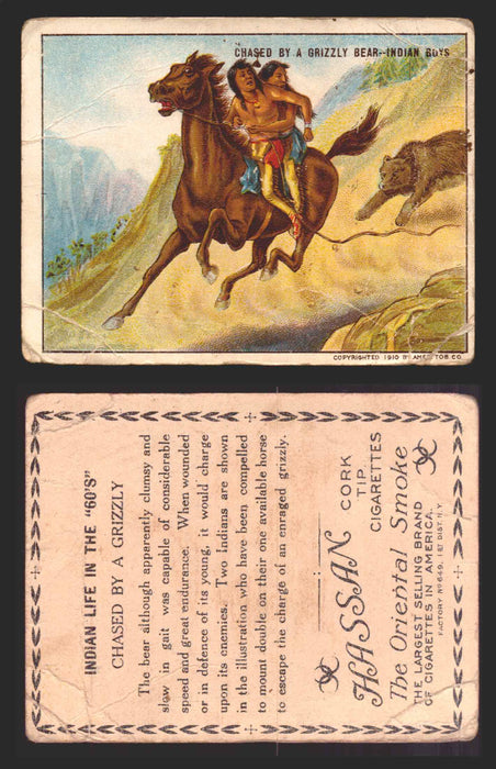 1910 T73 Hassan Cigarettes Indian Life In The 60's Tobacco Trading Cards Singles #12 Chased by a Grizzly Bear  - TvMovieCards.com