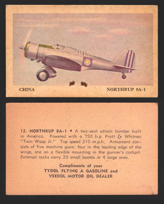 1940 Tydol Aeroplanes Flying A Gasoline You Pick Single Trading Card #1-40 #	12	Northrup 8A-1  - TvMovieCards.com