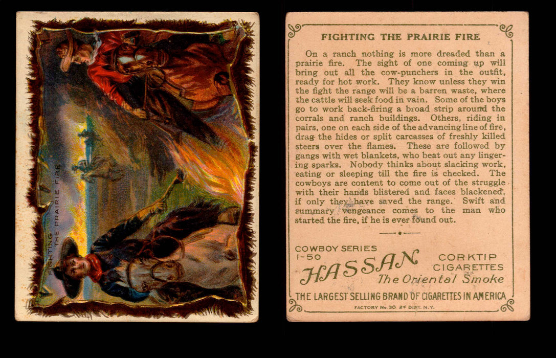 1909 T53 Hassan Cigarettes Cowboy Series #1-50 Trading Cards Singles #12 Fighting The Prairie Fire  - TvMovieCards.com