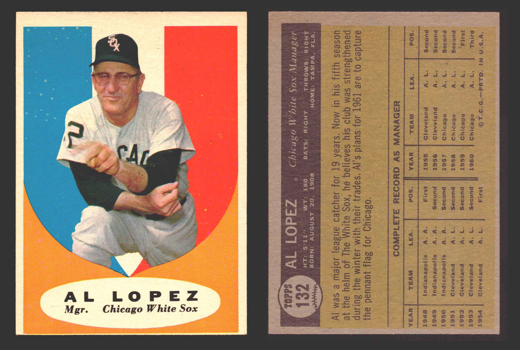 1961 Topps Baseball Trading Card You Pick Singles #100-#199 VG/EX #	132 Al Lopez - Chicago White Sox  - TvMovieCards.com