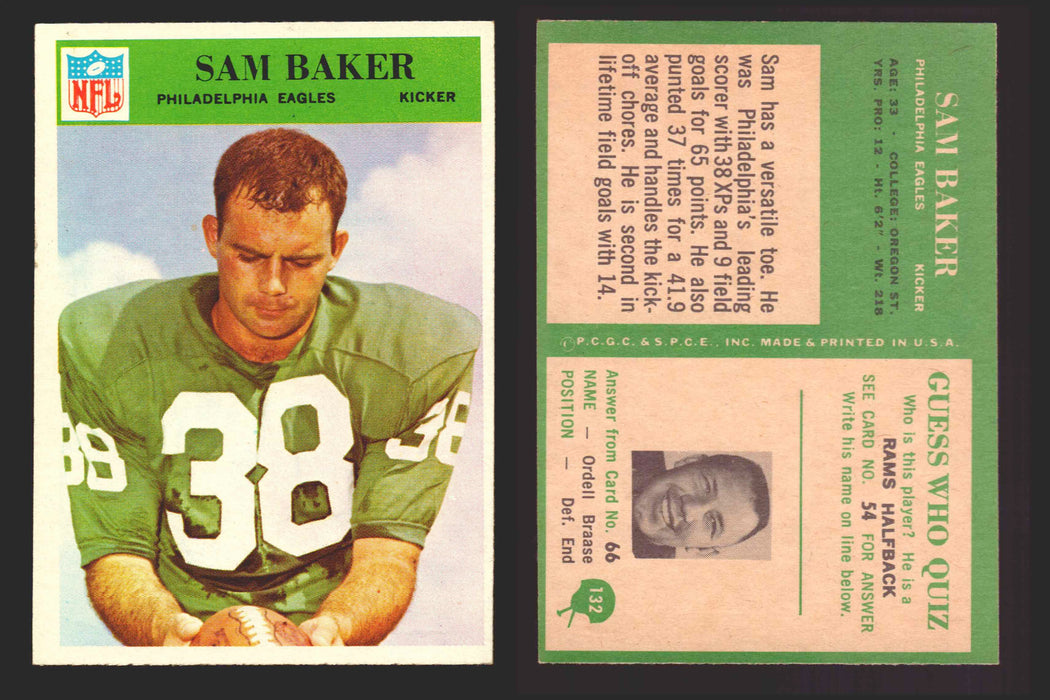 1966 Philadelphia Football NFL Trading Card You Pick Singles #100-196 VG/EX 132 Sam Baker - Philadelphia Eagles  - TvMovieCards.com
