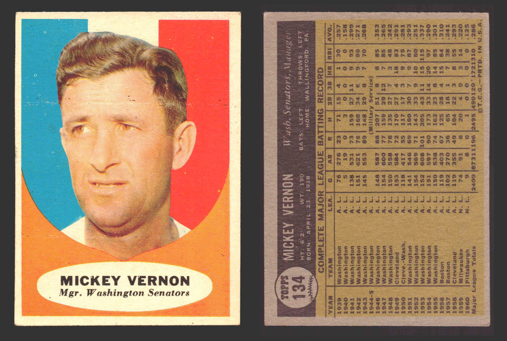 1961 Topps Baseball Trading Card You Pick Singles #100-#199 VG/EX #	134 Mickey Vernon - Washington Senators  - TvMovieCards.com