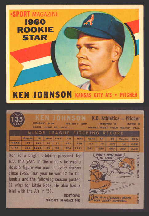 1960 Topps Baseball Trading Card You Pick Singles #1-#250 VG/EX 135 - Ken Johnson RS RC  - TvMovieCards.com