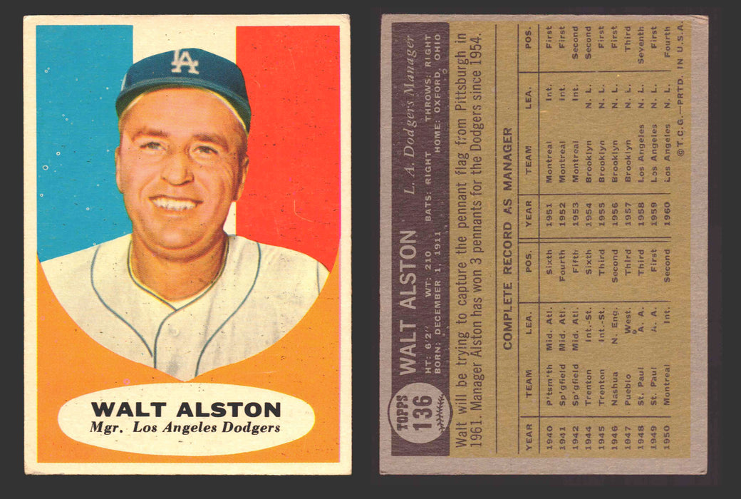 1961 Topps Baseball Trading Card You Pick Singles #100-#199 VG/EX #	136 Walt Alston - Los Angeles Dodgers  - TvMovieCards.com