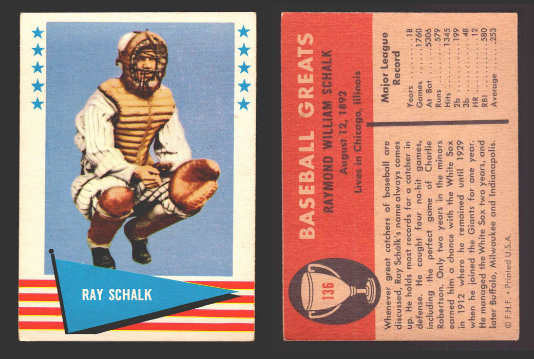 1961 Fleer Baseball Greats Trading Card You Pick Singles #1-#154 VG/EX 136 Ray Schalk  - TvMovieCards.com
