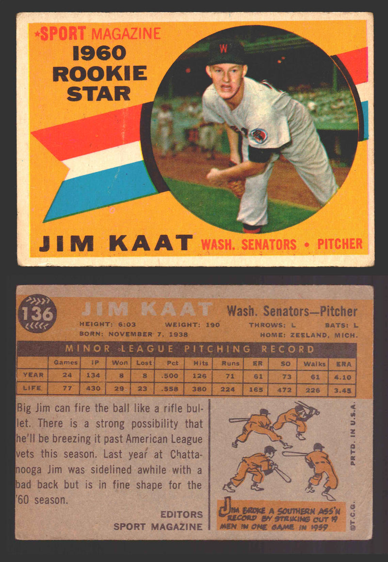 1960 Topps Baseball Trading Card You Pick Singles #1-#250 VG/EX 136 - Jim Kaat RS RC RC  - TvMovieCards.com