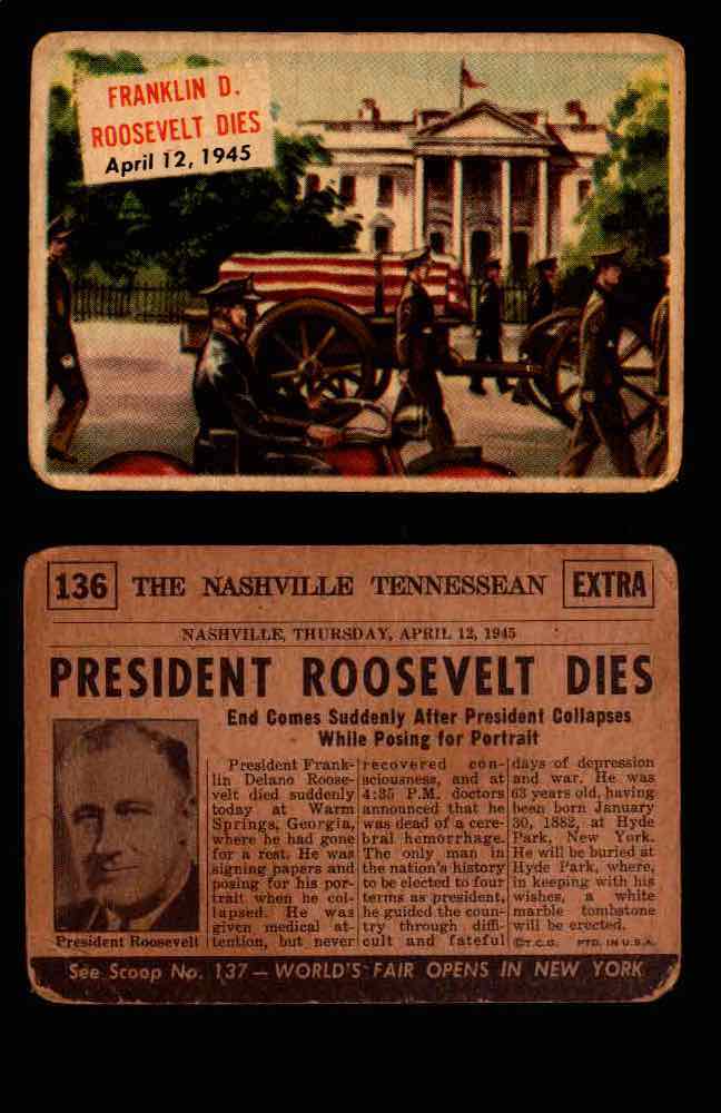 1954 Scoop Newspaper Series 2 Topps Vintage Trading Cards U Pick Singles #78-156 136   Franklin Roosevelt Dies  - TvMovieCards.com