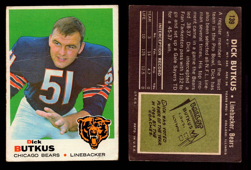 1969 Topps Football Trading Card You Pick Singles #1-#263 G/VG/EX #	139 	Dick Butkus (HOF) (creased)  - TvMovieCards.com