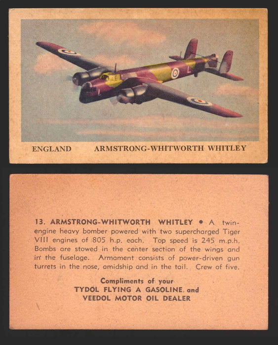 1940 Tydol Aeroplanes Flying A Gasoline You Pick Single Trading Card #1-40 #	13	Armstrong-Whitworth Whitley  - TvMovieCards.com