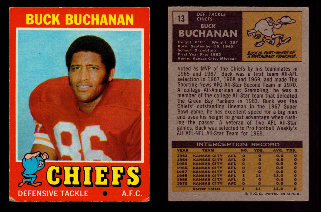 1971 Topps Football Trading Card You Pick Singles #1-#263 G/VG/EX #	13	Buck Buchanan (HOF)  - TvMovieCards.com