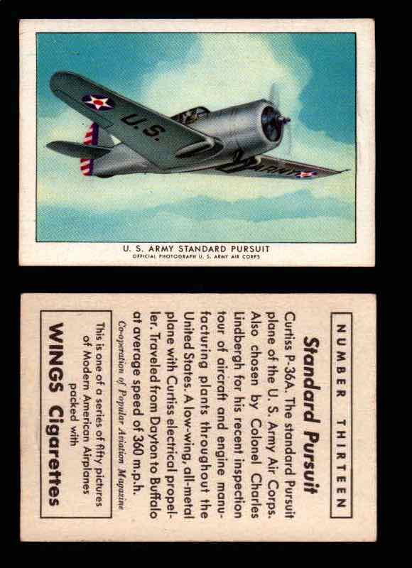 1940 Modern American Airplanes Series 1 Vintage Trading Cards Pick Singles #1-50 13 U.S. Army Standard Pursuit (Curtiss P-36A)  - TvMovieCards.com