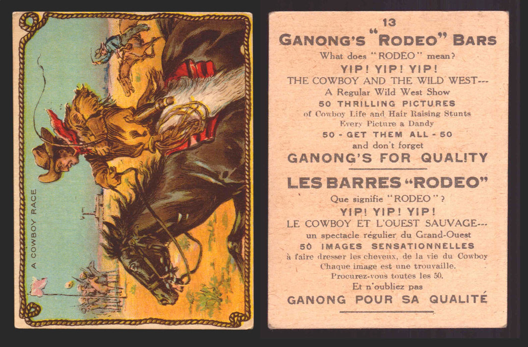1930 Ganong "Rodeo" Bars V155 Cowboy Series #1-50 Trading Cards Singles #13 A Cowboy Race  - TvMovieCards.com
