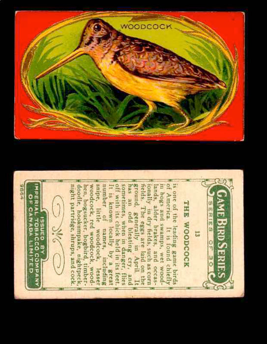1910 Game Bird Series C14 Imperial Tobacco Vintage Trading Cards Singles #1-30 #13 The Woodcock  - TvMovieCards.com