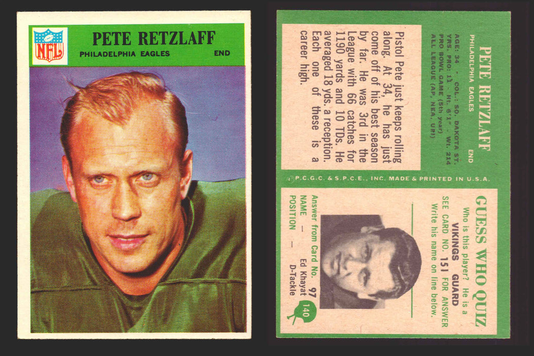 1966 Philadelphia Football NFL Trading Card You Pick Singles #100-196 VG/EX 140 Pete Retzlaff - Philadelphia Eagles  - TvMovieCards.com