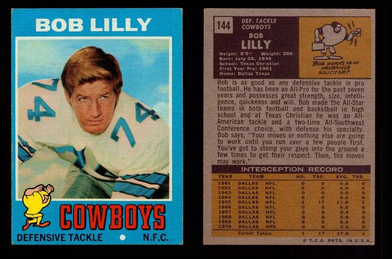 1971 Topps Football Trading Card You Pick Singles #1-#263 G/VG/EX #	144	Bob Lilly (HOF)  - TvMovieCards.com