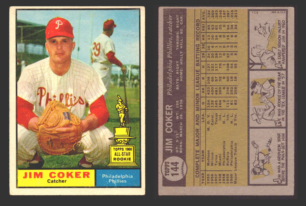 1961 Topps Baseball Trading Card You Pick Singles #100-#199 VG/EX #	144 Jimmie Coker - Philadelphia Phillies  - TvMovieCards.com