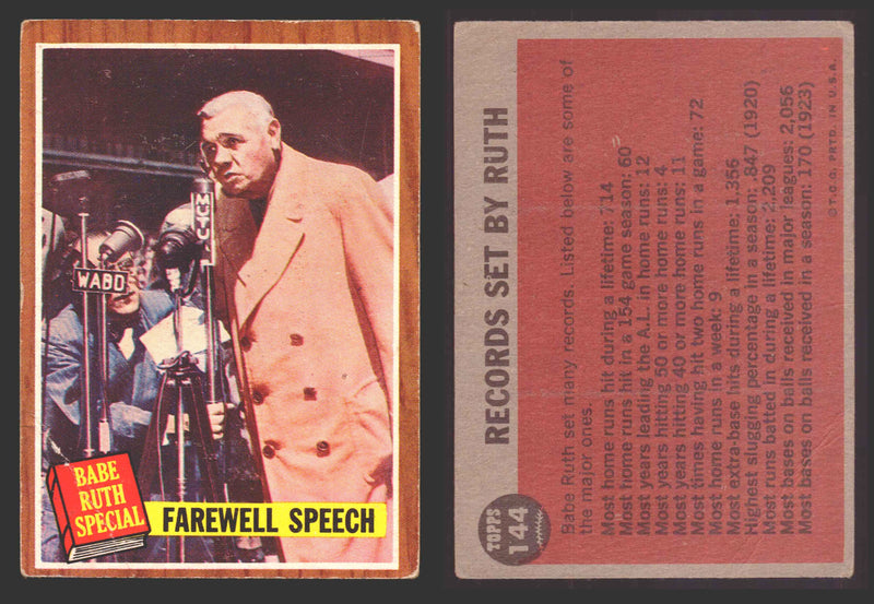 1962 Topps Baseball Trading Card You Pick Singles #100-#199 VG/EX #	144 Farewell Speech (Babe Ruth) (creased)  - TvMovieCards.com