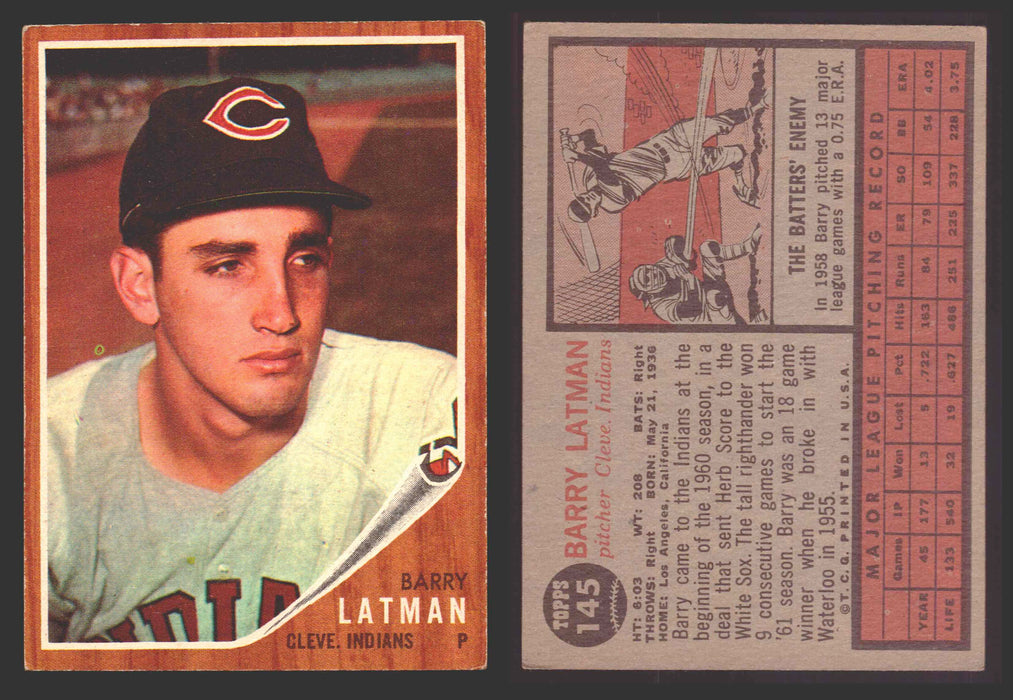 1962 Topps Baseball Trading Card You Pick Singles #100-#199 VG/EX #	145 Barry Latman - Cleveland Indians  - TvMovieCards.com