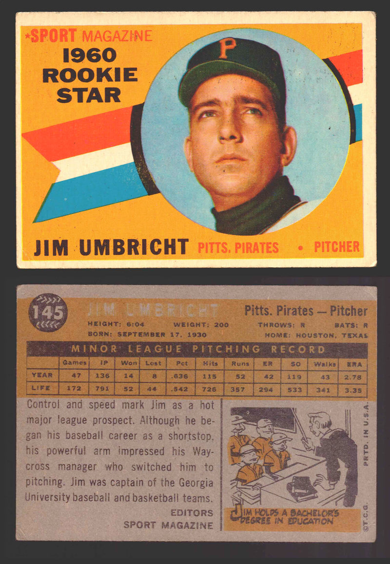 1960 Topps Baseball Trading Card You Pick Singles #1-#250 VG/EX 145 - Jim Umbricht RS RC  - TvMovieCards.com