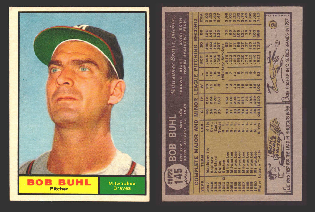 1961 Topps Baseball Trading Card You Pick Singles #100-#199 VG/EX #	145 Bob Buhl - Milwaukee Braves  - TvMovieCards.com