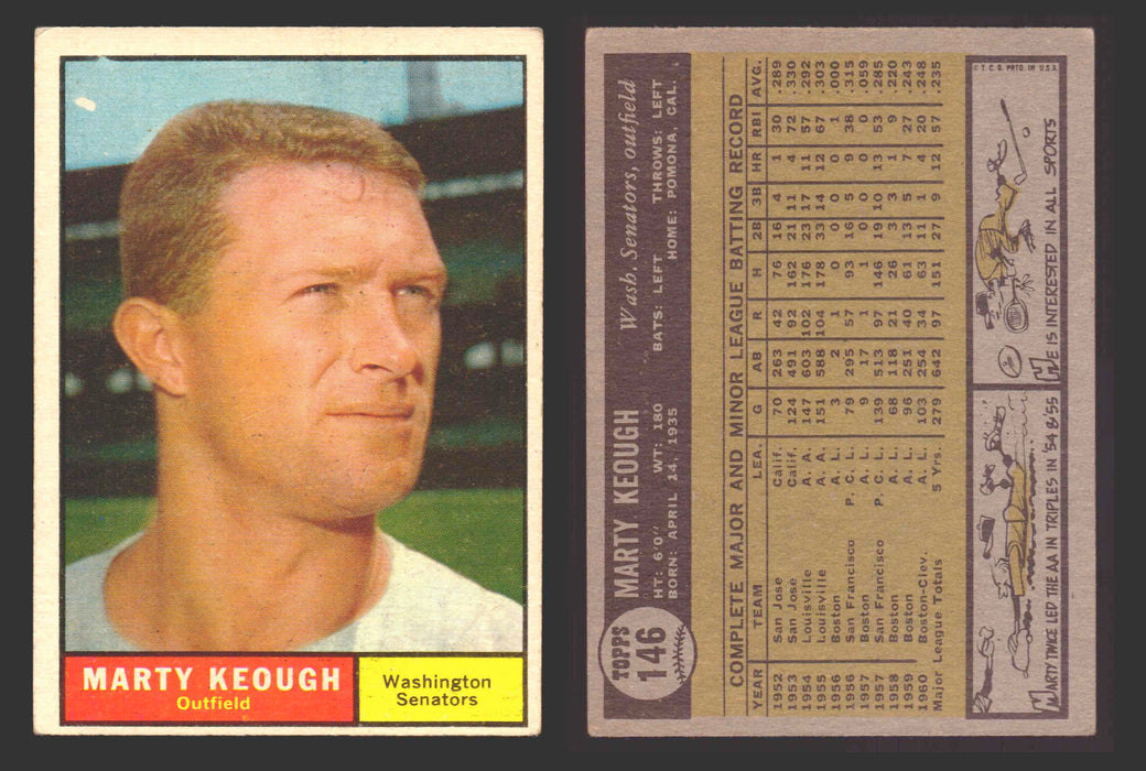 1961 Topps Baseball Trading Card You Pick Singles #100-#199 VG/EX #	146 Marty Keough - Washington Senators  - TvMovieCards.com