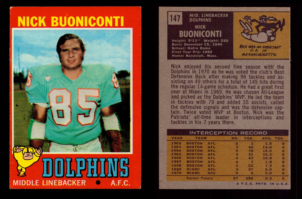 1971 Topps Football Trading Card You Pick Singles #1-#263 G/VG/EX #	147	Nick Buoniconti (HOF)  - TvMovieCards.com