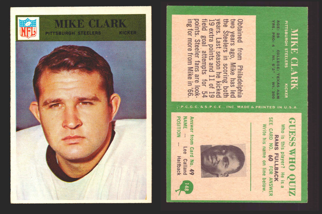 1966 Philadelphia Football NFL Trading Card You Pick Singles #100-196 VG/EX 148 Mike Clark - Pittsburgh Steelers  - TvMovieCards.com