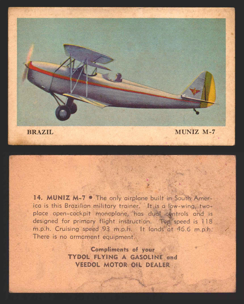 1940 Tydol Aeroplanes Flying A Gasoline You Pick Single Trading Card #1-40 #	14	Muniz M-7  - TvMovieCards.com