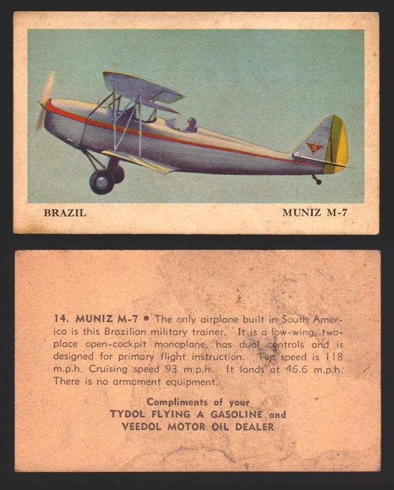 1940 Tydol Aeroplanes Flying A Gasoline You Pick Single Trading Card #1-40 #	14	Muniz M-7  - TvMovieCards.com