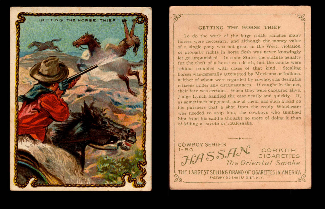 1909 T53 Hassan Cigarettes Cowboy Series #1-50 Trading Cards Singles #14 Getting The Horse Thief  - TvMovieCards.com
