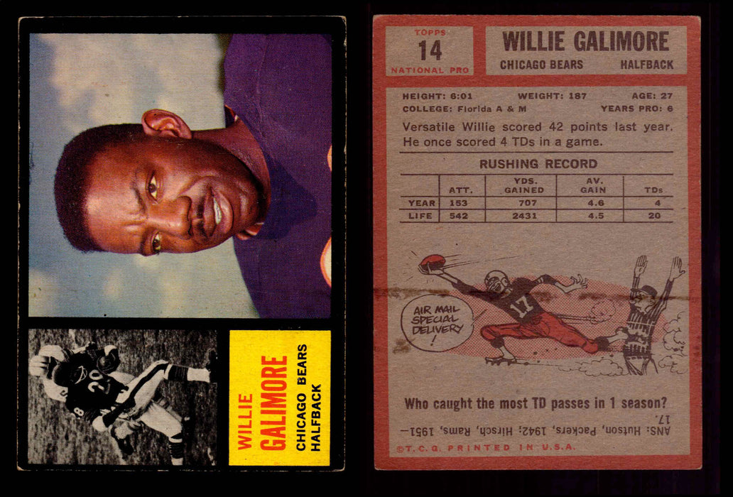 1962 Topps Football Trading Card You Pick Singles #1-#176 VG #	14	Willie Galimore  - TvMovieCards.com