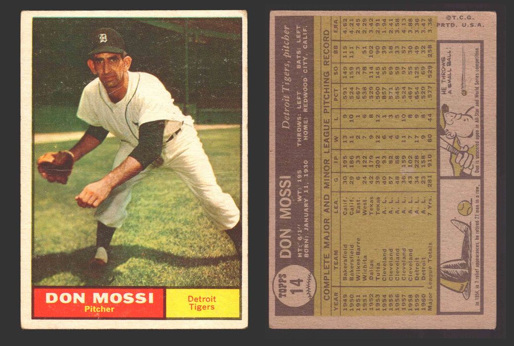 1961 Topps Baseball Trading Card You Pick Singles #1-#99 VG/EX #	14 Don Mossi - Detroit Tigers (creased)  - TvMovieCards.com