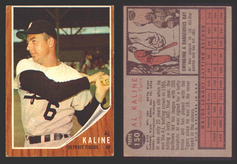 1962 Topps Baseball Trading Card You Pick Singles #100-#199 VG/EX #	150 Al Kaline - Detroit Tigers  - TvMovieCards.com