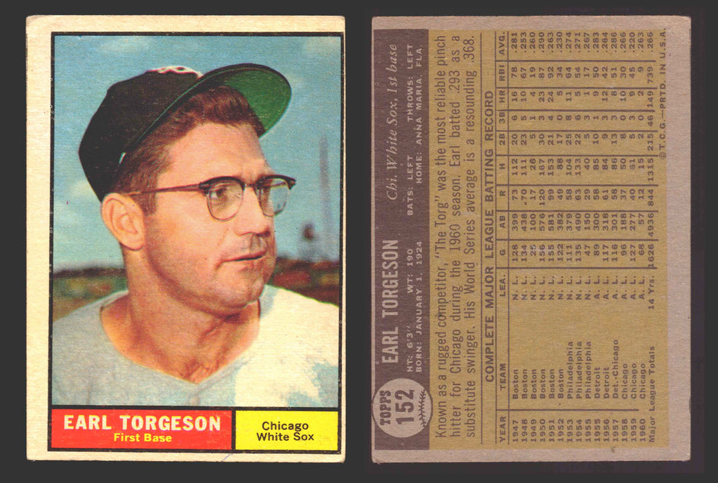 1961 Topps Baseball Trading Card You Pick Singles #100-#199 VG/EX #	152 Earl Torgeson - Chicago White Sox  - TvMovieCards.com