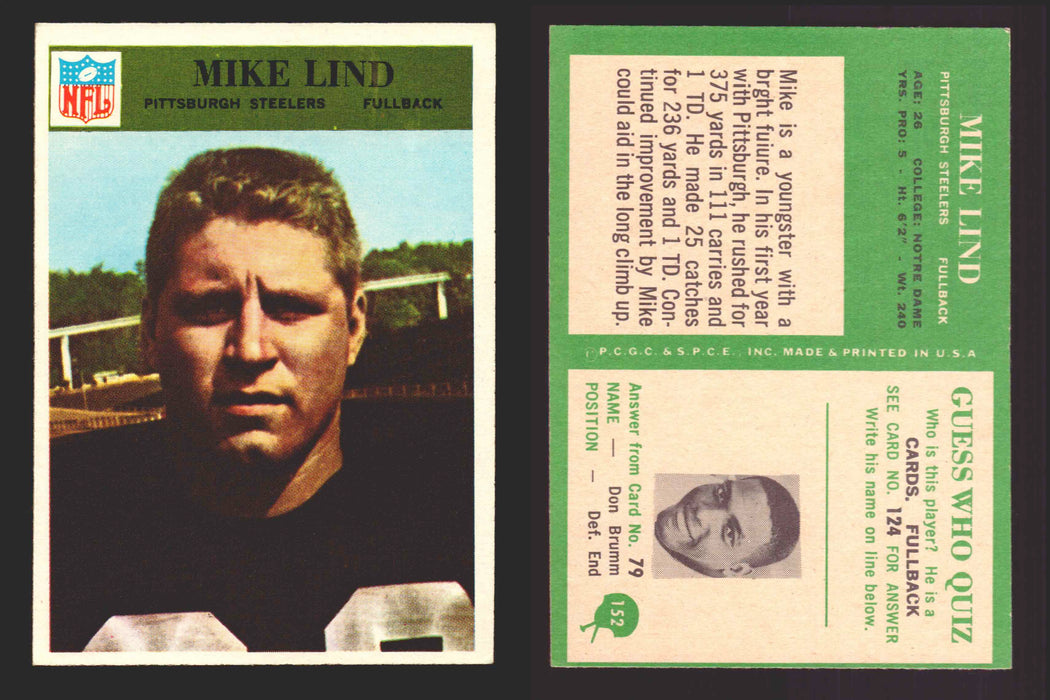 1966 Philadelphia Football NFL Trading Card You Pick Singles #100-196 VG/EX 152 Mike Lind - Pittsburgh Steelers  - TvMovieCards.com