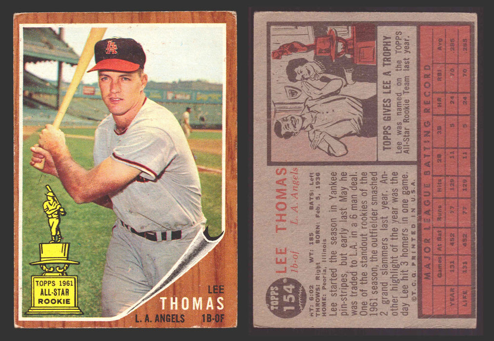 1962 Topps Baseball Trading Card You Pick Singles #100-#199 VG/EX #	154 Lee Thomas - Los Angeles Angels (creased)  - TvMovieCards.com