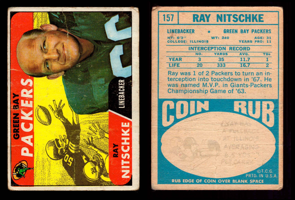1968 Topps Football Trading Card You Pick Singles #1-#219 G/VG/EX #	157	Ray Nitschke (HOF)(creased)  - TvMovieCards.com