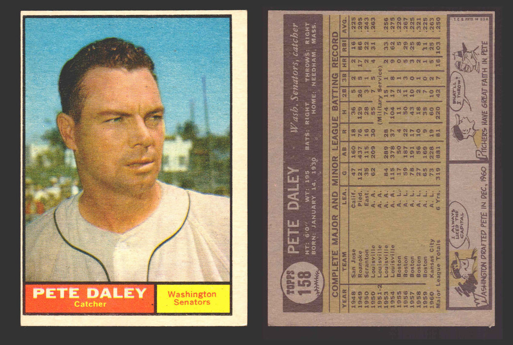 1961 Topps Baseball Trading Card You Pick Singles #100-#199 VG/EX #	158 Pete Daley - Washington Senators  - TvMovieCards.com