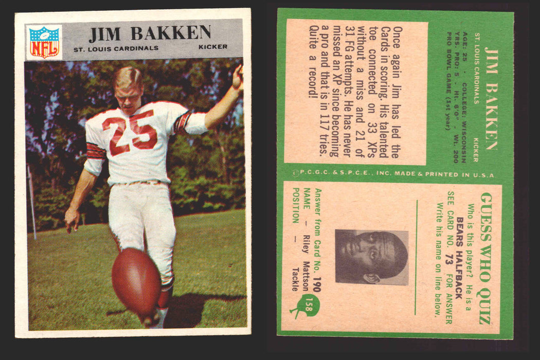 1966 Philadelphia Football NFL Trading Card You Pick Singles #100-196 VG/EX 158 Jim Bakken - St. Louis Cardinals  - TvMovieCards.com