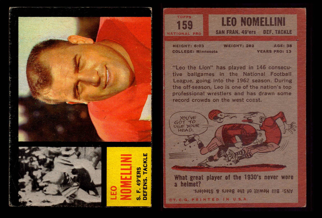 1962 Topps Football Trading Card You Pick Singles #1-#176 VG #	159	Leo Nomellini (HOF)  - TvMovieCards.com