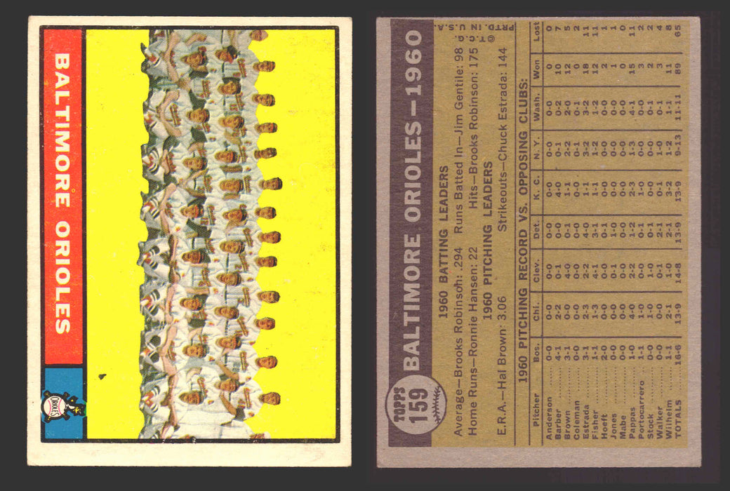 1961 Topps Baseball Trading Card You Pick Singles #100-#199 VG/EX #	159 Baltimore Orioles  - TvMovieCards.com