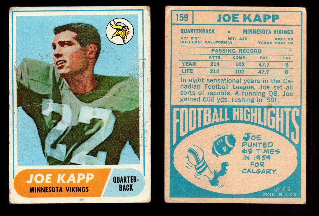 1968 Topps Football Trading Card You Pick Singles #1-#219 G/VG/EX #	159	Joe Kapp (R) (creased)  - TvMovieCards.com