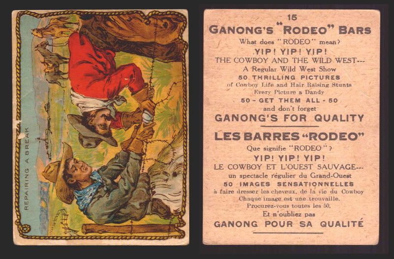 1930 Ganong "Rodeo" Bars V155 Cowboy Series #1-50 Trading Cards Singles #15 Repairing A Break  - TvMovieCards.com