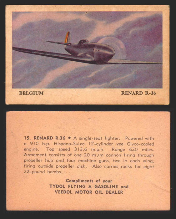1940 Tydol Aeroplanes Flying A Gasoline You Pick Single Trading Card #1-40 #	15	Renard R.36  - TvMovieCards.com